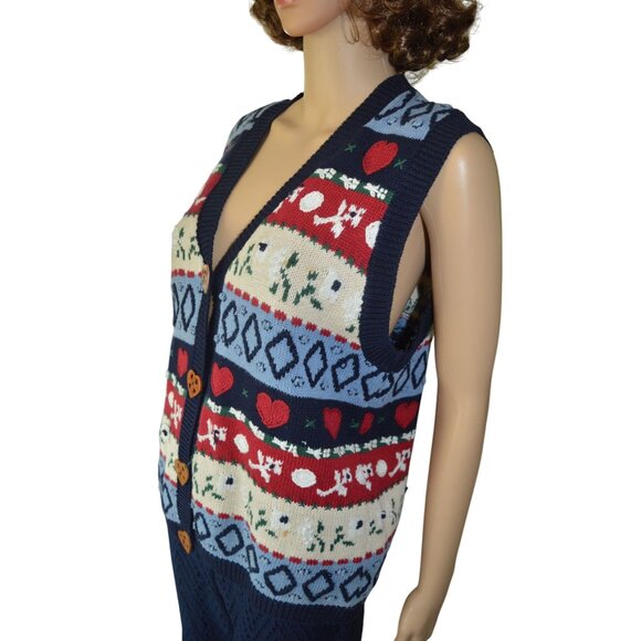 Vintage 90s Eagle's Eye Knit Sweater Vest Teacher Core Blue Red Hearts Size M - Picture 3 of 11